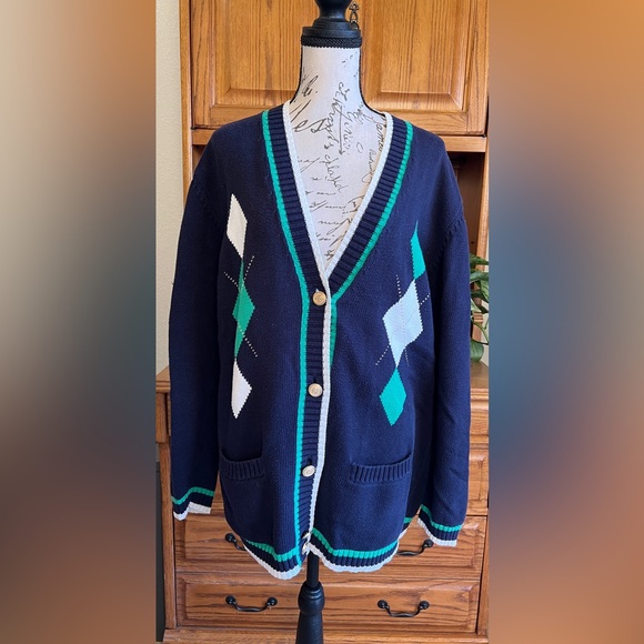 Marks & Spencer Sweaters - Marks & Spencer Preppy Varsity Vintage Cardigan with Argyle Pattern 100% Cotton